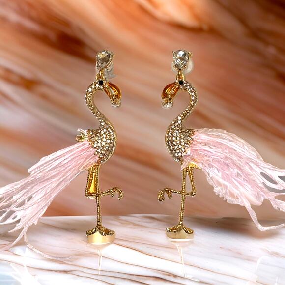 New Vegan Feather Gold Rhinestone Flamingo Dangle Earrings Luxe Crystal Diamond - Picture 2 of 4